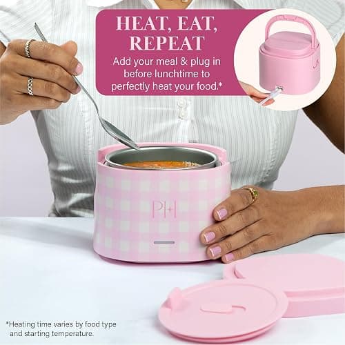 Paris Hilton Electric Lunch Warmer, 20-Ounce Stainless Steel Portable Food Container With Sealing Lid, Removable 2.5-Cup Inner Dish, Gingham Front Design, Pink thumbnail 5