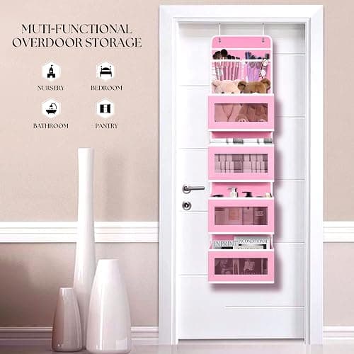 Over Door Organizer with 4 Large Capacity Pockets, Hanging Organizer Storage for Closet Bathroom Nursery Bedroom Dorm, Toys Cosmetics Sundries and Baby Essentials, Pink thumbnail 3