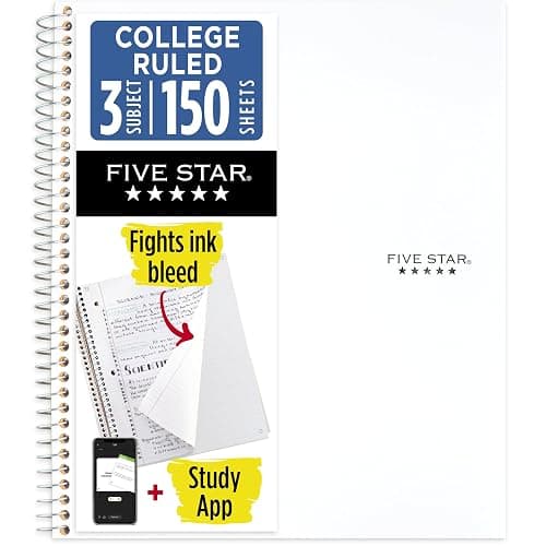 Five Star Spiral Notebook + Study App, 3 Subject, College Ruled Paper, 8-1/2" x 11", 150 Sheets, Fights Ink Bleed, Water Resistant Cover, White (72464) - Image 1