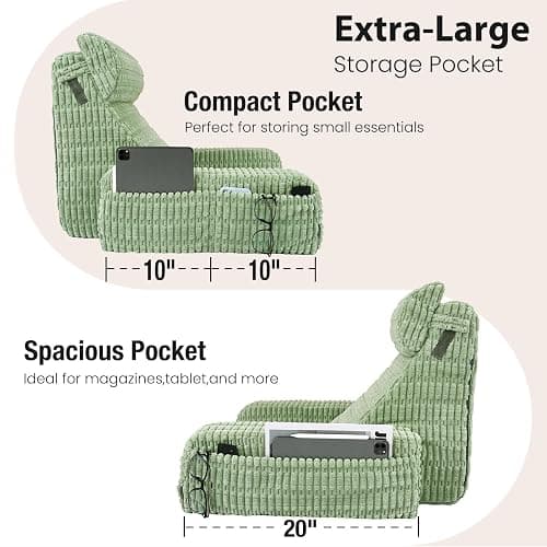 Selectico 19" Reading Pillow for Bed with Built-in Arms & Large Pockets, Supportive Backrest Cushion for Reading, Resting, or Reclining, Washable Cover – Sage Green thumbnail 5