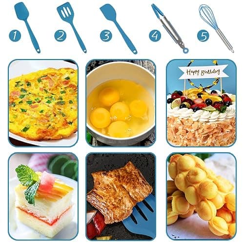 Collfa Mini Kitchen Utensil Set - Five-Piece Set, Tiny Silicone Kids Kitchen Tools - Whisk, Tongs, Spoon, Slotted Spatula - Blue thumbnail 4