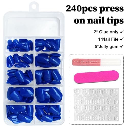 AddFavor Short Press on Nails Square Round Short Fake Nails Glossy Full Cover Acrylic Artificial Glue on Nails for Women, 240pcs/pack Royal Blue Nails with Sticky Tabs thumbnail 4