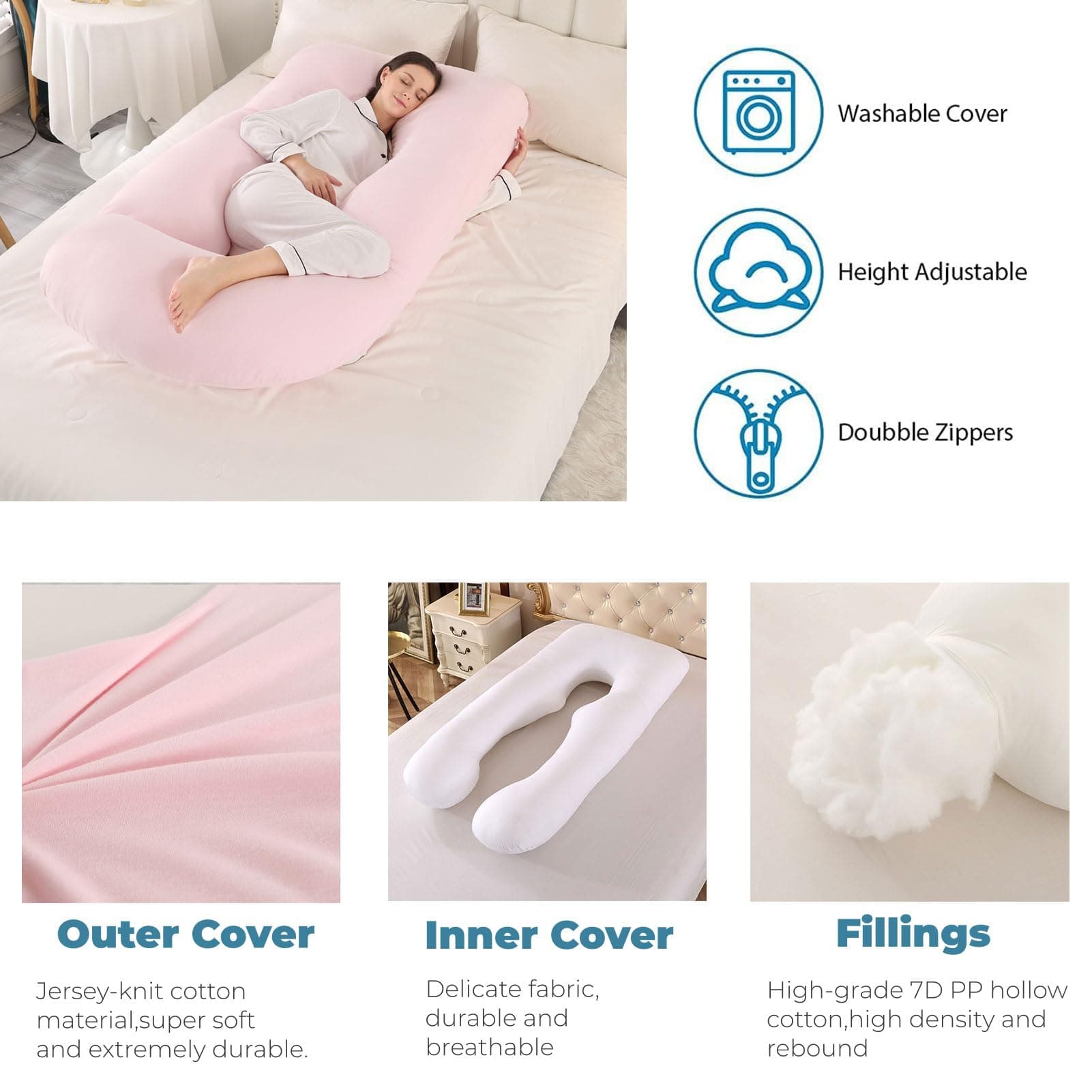 Pregnancy Pillow, Maternity Full Body Pillow for Back, Legs and Belly Support, J Shaped Full Body Pillow for Pregnant Women and Side Sleepers with Removable Cover (Knitted Cotton, Pink) - Pink thumbnail 3