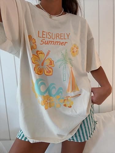 Womens Teens Oversized Graphic Tshirts Y2k Flower Fruit Vintage Tees Beach Surfer Casual Short Sleeve T-Shirts thumbnail 2