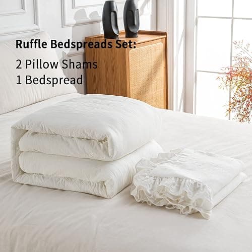 Bonlino Home Bedding Bedspread Set Quilt - Farmhouse Bedspread Summer Coverlet Bed Spreads, Lightweight Quilt Chic Vintage Bedding Ruffle Skirt Bedroom Rustic with 2 Pillow Shams (Queen, White) thumbnail 5