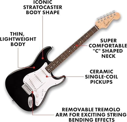Fender Squier Debut Series Stratocaster Electric Guitar Kit, Beginner Guitar Kit, with 2-Year Warranty, with Padded Gig Bag, Frontman 10G Amp, Strap, and More, Includes Free Lessons, Black thumbnail 3