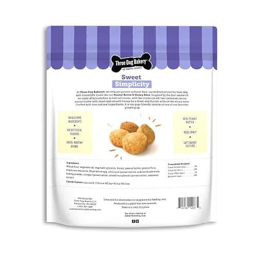 Three Dog Bakery Peanut Butter & Honey Bites, Mess-Free Snacks & Training Cookies for Dogs & Puppies, Human-Inspired thumbnail 2