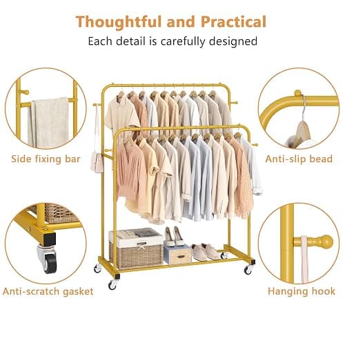 Laiensia Double Rods Garment Rack with Wheels, Clothing Rack for Hanging Clothes,4 Hooks, Multi-functional Bedroom Clothes Rack, Gold thumbnail 6
