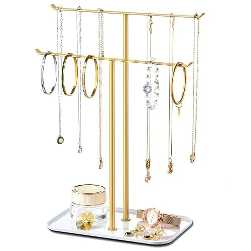Jewelry Organizer Stand Necklace Holder – 2‑Tier T‑Bar Jewelry Display Tree with Tray for Countertop Necklace Bracelet Earring Storage, Vanity Dresser Bathroom Sink, Gold - Image 1