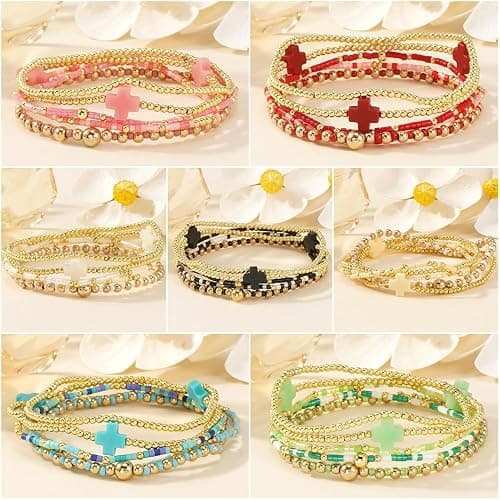 Bohxantium Gold Beaded Bracelets Stack for Women Christmas Stocking Stuffers Stackable 14K Gold Plated Beads Ball Cross Bracelet Boho Christian Jewelry Friendship Birthday Christmas Gifts for Women thumbnail 5