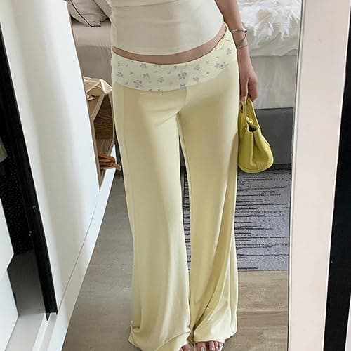 MYBFYABO Fold Over Yoga Pants for Women Contrast Color Low Rise Wide Leg Sweatpants Y2k Foldover Lounge Bell Bottoms 2026 thumbnail 3
