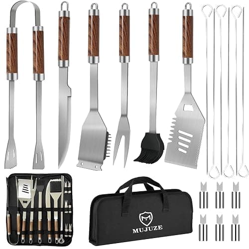 MUJUZE 19pcs Grill Set for Men,Woodgrain Grilling Accessories,Grill Utensils Set,Stainless Steel BBQ Tools for Outdoor,Camping,Backyard,Grilling Gifts for Christmas - Image 1