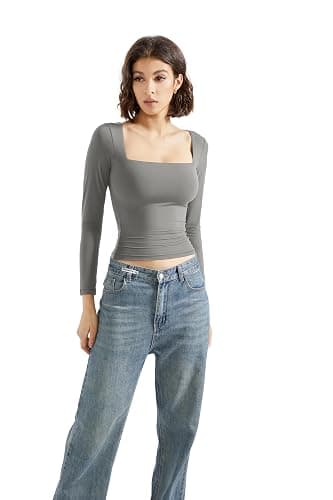 SUUKSESS Women Square Neck Long Sleeve Tops Double Lined Going Out T Shirts thumbnail 4