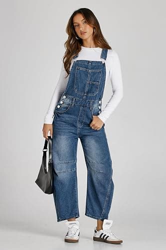 PLNOTME Womens Denim Bib Overalls Barrel Leg Adjustable Strap Jean Pants Jumpsuits with Pockets thumbnail 4