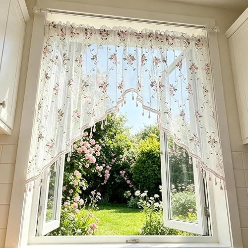 1PC Victorian Style Floral Sheer Swag Curtain Valance for Arched Door | Pink Embroidered Window Treatment with Beaded Trim, Rod Pocket Light Filtering Tier Curtain for Kitchen Princess Bedroom thumbnail 7