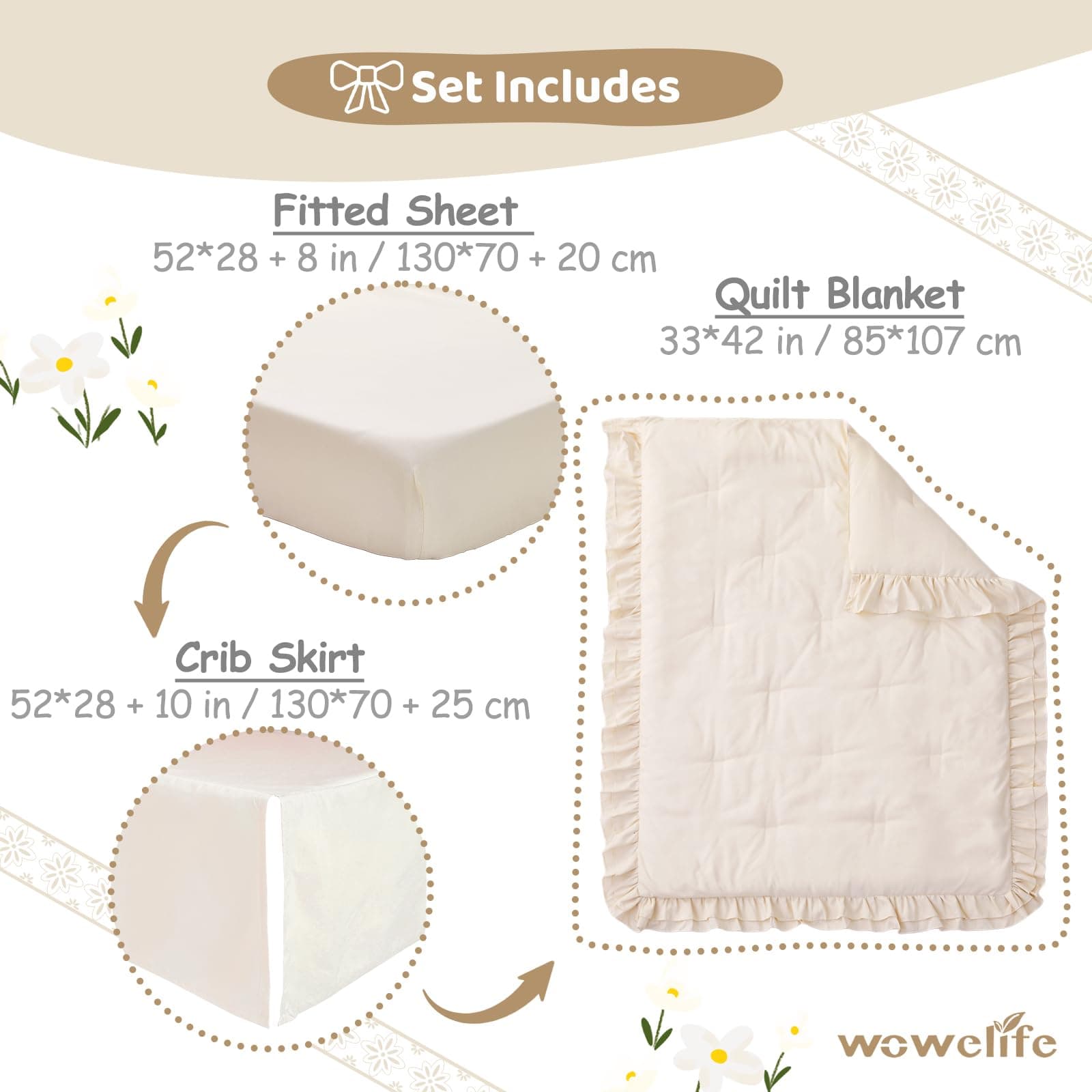 Wowelife - Juego de ropa de cama para cuna, juego de edredón de 3 piezas para niñas, juego de ropa de cama bohemio con volantes incluye edredón para cuna, sábana bajera ajustable para cuna y falda thumbnail 5