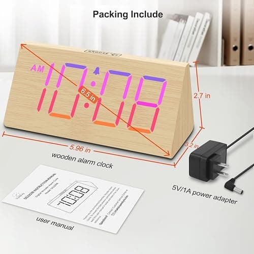DreamSky Wooden Digital Alarm Clock for Bedroom - RGB Electric Desk Clock with Large Numbers, USB Port, Loud Alarm for Heavy Sleepers, Dimmer and Volume Control, Snooze, Wood Décor, Adapter Powered thumbnail 8