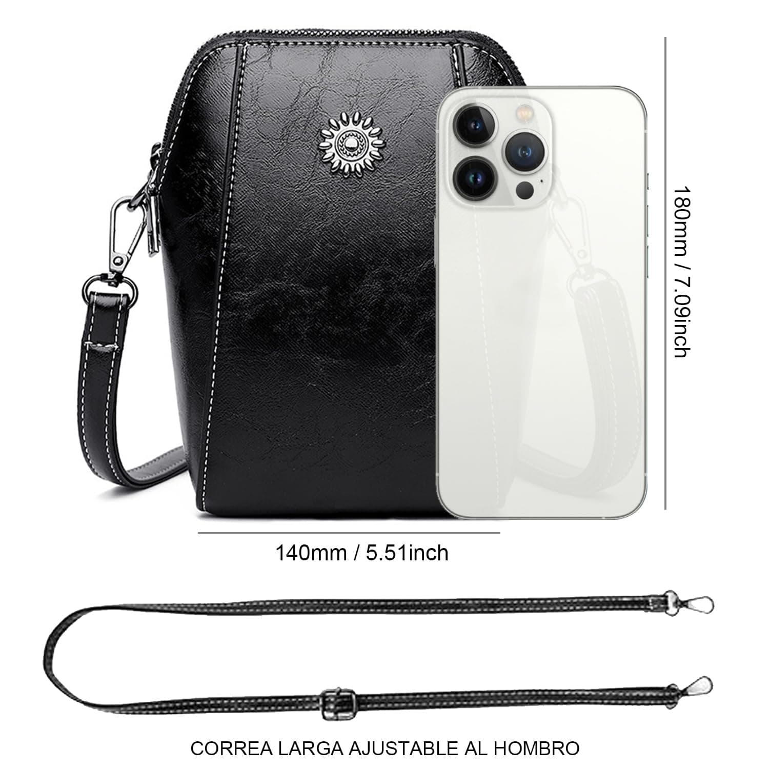 Bolso Crossbody Mujer - Pequeños Bandolera Bolsa para Teléfono Móvil, Monedero Suave PU Cuero Impermeable con Cremallera de 2 Capas Cartera Hombro y Bolso de Mano - Negro thumbnail 4