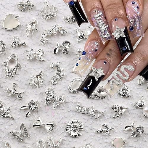 30 Stück Luxus Zirkon Nagel Charms 3D Legierung Nailart Anhänger Silber Nail Art Metall Schmuck Strasssteine für Schmetterling Herz Schlange Blume Glitzersteine Zubehör - Image 1