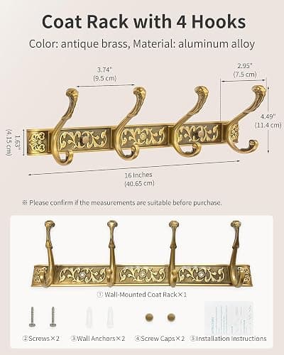 RIXIGOOD Vintage Coat Rack Wall Mount, Decorative Wall Coat Rack with 4 Hooks for Hanging Key Purse Hat Robe Towel Clothes Unique Hanger for Bathroom Shower Entryway Antique Brass 1 Pack thumbnail 3