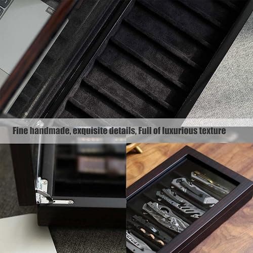 Besforu Knife Display Case Organizer storage 8 pocket knives, Folding Knife Holder with Real Glass Window Top， Pocket knife collection box for men gift (Ebony Veneer 8 slot) thumbnail 6