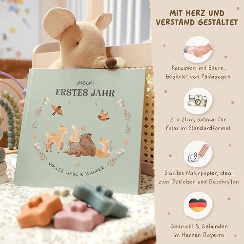 Mein erstes Jahr Babyalbum mit 138 Stickern | Babybuch zum Eintragen mit kreativen Vorlagen | Erinnerungsbuch Baby für Mädchen & Jungen | Babywunsch Liste | Babygeschenke zur Geburt Junge thumbnail 7