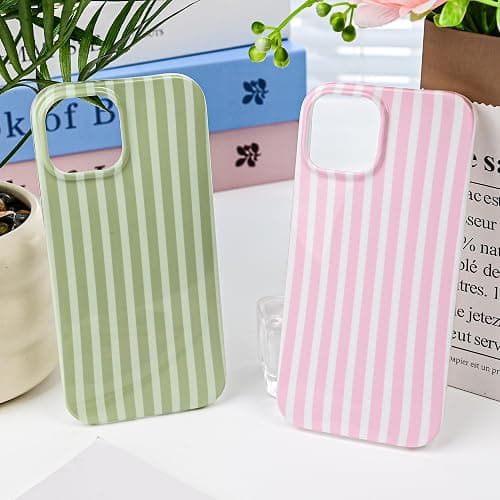 SleekCover Compatible with iPhone 13/14 Case,Cute Aesthetic Striped Pattern Cover for Women Girls,Soft TPU Shockproof Protective Stylish Kawaii Case for iPhone 13/14 6.1",Green thumbnail 6
