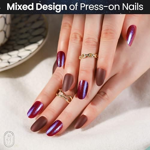 Teenitor 15 Packs Short Oval False Nails with Glue, Matte & Chrome Glitter Press on Nails Short, 360pcs Fake Nails Set with Glue on Nails for Women Girls Short Coffin Nails Tips with Nail Art Sticker thumbnail 4