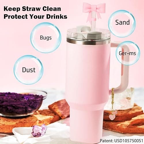 LUHOHI Pink Bow for Stanley Straw Topper- 3pcs Cute Cup Bow Straw Cover Silicone Cap 10mm with 2pcs Initial Letter Charms Name Id Personalized Accessories 40/30 Oz Tumbler Water Bottle Cups S thumbnail 3