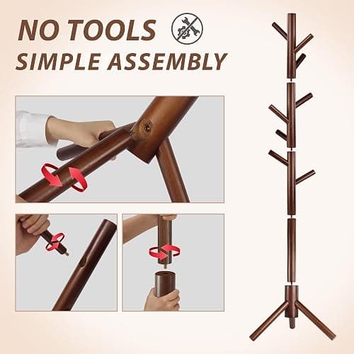 Unisakey Durable Wooden Coat Rack, Freestanding Coat Rack with Stable Triangular Base, 8 Hooks & 3 Adjustable Heights, Simple Assembly for Bedroom, Hallway, Office(New Brown) thumbnail 6