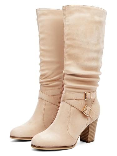 Ermonn Womens Mid Knee High Boots Chunky Heel Slouchy Metal Buckle Side Zipper Fashion Winter Shoes - Image 1