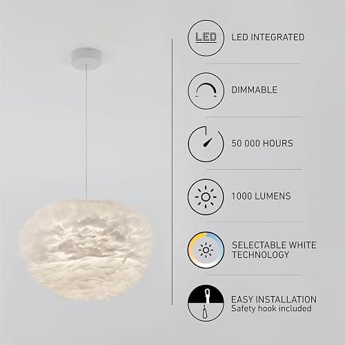 artika Plume 13W LED 20" Diameter Feather Pendant Light Fixture, White - Ideal for Bedrrom, Dinning Room, Entry Room, 1000 Lumens, Warm White, Romantic Decor thumbnail 4