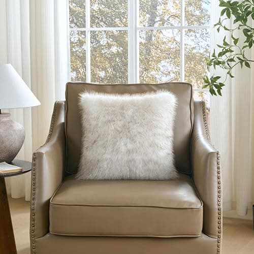FUTEI Pack of 2 Faux Fox Fur Throw Pillow Covers 18x18 Inch Soft Fluffy Decorative Cushion Case Modern Farmhouse Accent for Couch Bed Living Room, Coffee White thumbnail 4