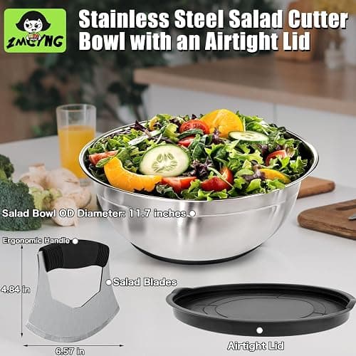 ZMCYNG Salad Chopper Bowl - Stainless Steel Salad Chopping Bowl, Salad Chopper Bowl and Cutter with Lid, Chef Grade Salad Chopper Blade and Bowl, Mezzaluna Mincing Knife, Super-fast Salad Prep thumbnail 5