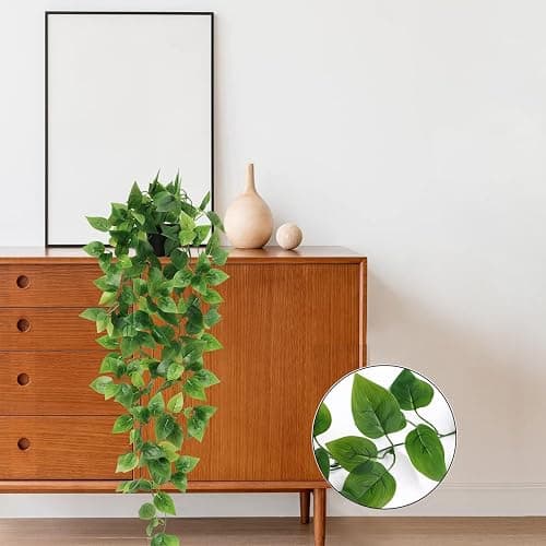 BLEUM CADE Fake Hanging Plants, 2pcs Artificial Hanging Plant, Faux Pothos Vines Hanging Plant Greenery for Wall Home Living Room Indoor Outdoor Decor (No Baskets) - Pothos Ivy Vines - 2pcs thumbnail 9