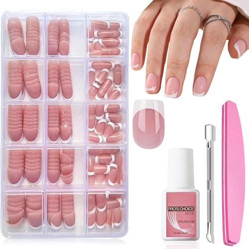 French Tip Press on Nails - 240Pcs Short Fake Nails Set - 15 Size Acrylic Full Cover Artificial Fake Nails, Natural Color - French Tip Press on Nails Short Square DIY Nail Extensions - Image 1