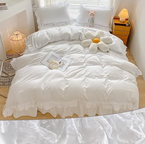 MOOWOO Chic Ruffle Lace Polyester Duvet Cover Set -Girl White Bedding-3 Piece Queen Duvet Cover with Zipper Closure -Ultra Soft and Light Weight (White, Queen)-No Comforter - Image 1