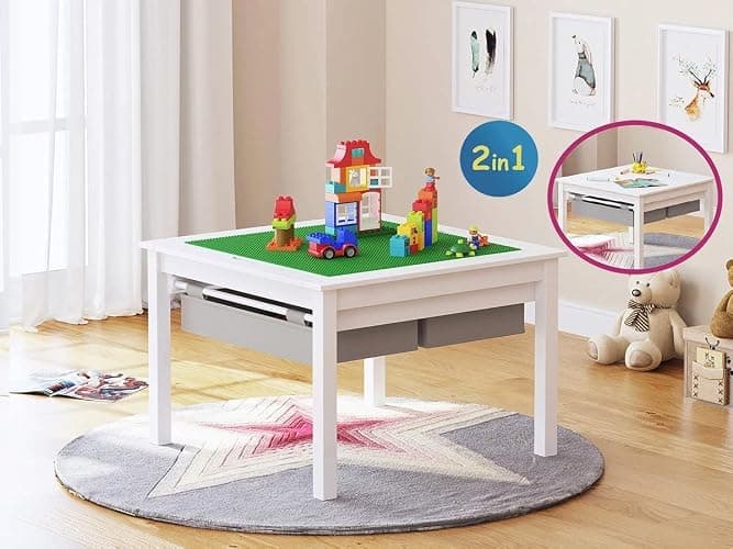 UTEX Wooden 2 in 1 Kids Construction Activity Table and 2 Chairs Set with Storage Drawers, and Built in Plate Compatible with Lego and Duplo Bricks (White with Grey Drawers) thumbnail 5