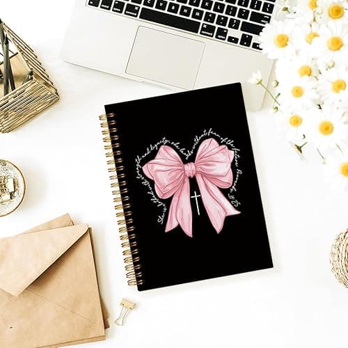 Wheatwin Prayer Journal for Woman, Christian Girl Energy Journal, Black Pink Cute Notebook, Pink Bow Coquette Stuff Notebook 5.5x8.3 - Proverbs 31:25 - Pink Bow thumbnail 2
