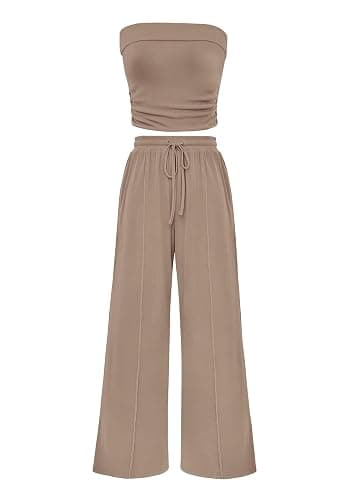 PRETTYGARDEN Womens Summer Outfits 2 Piece Sets Casual Ribbed Knit Crop Tube Top Wide Leg Pants Spring Matching Lounge Set - Image 1