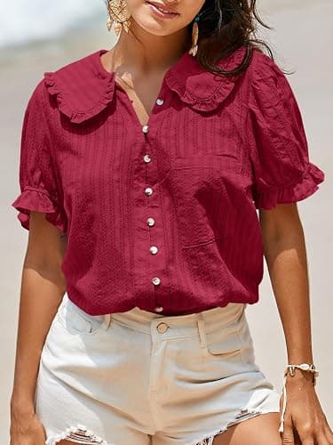 Tankaneo Womens Puff Sleeve Shirts Peter Pan Collar Button Down Tops | Cotton Blouse, Casual, Summer, Short Sleeve, Cute, Textured Tops, Lightweight & Breathable thumbnail 2