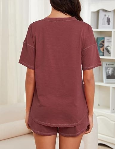 KCW Pajamas for Women Set 2 Piece 100% Cotton Lounge Sets Short Sleeve Top and Shorts Pj Set Sleepwear Outfits thumbnail 3