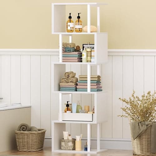 Furologee White Geometric Bookshelf 6 Tier S-Shaped Bookcase, Tall Modern Display Storage Shelf, Metal and Wood Decorative Freestanding Room Divider Shelves for Bedroom, Living Room, Office thumbnail 8
