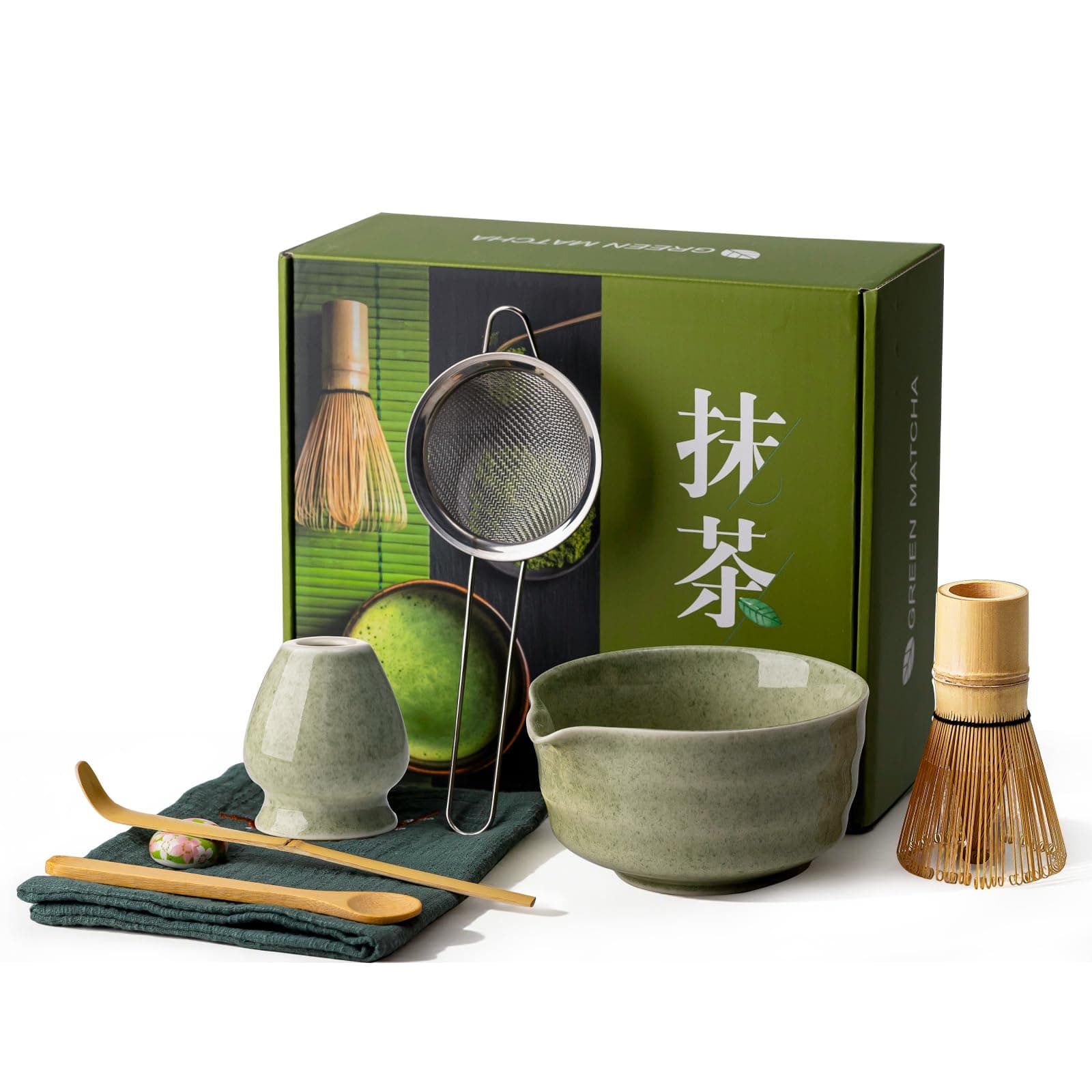 Matcha Whisk Set - 8PCS Kit for Matcha Lover, with Handcrafted Bamboo Whisk Matcha Scoop Matcha Stand Matcha Bowl, Sifter, Tea Cloth (Chakin), Scoop Stand,Wood Spoon - Image 1
