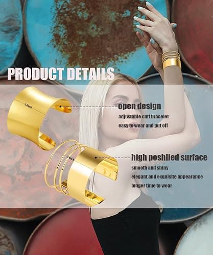 BOMAIL 2Pcs Open Gold Cuff Bangle Bracelet Set for Women | Adjustable Wrist Cuff, 14K Gold Plated,Wide Wire Bangle,Gold Wrist Wrap Cuff Bracelet,Minimalist Jewelry thumbnail 3