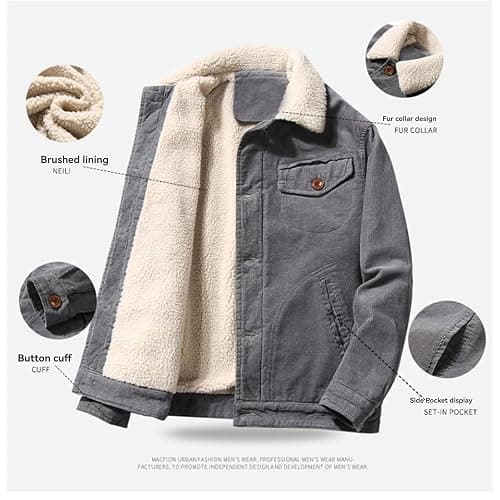 XDFVC Men's Vintage Fleece Sherpa Lined Corduroy Denim Trucker Jackets Thickened Lapel Button Down Winter Coats with Pockets thumbnail 4