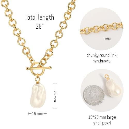 18k Gold Plated Chain Link Necklace for Women, Baroque Pearl/Compass Pendant Necklace thumbnail 4