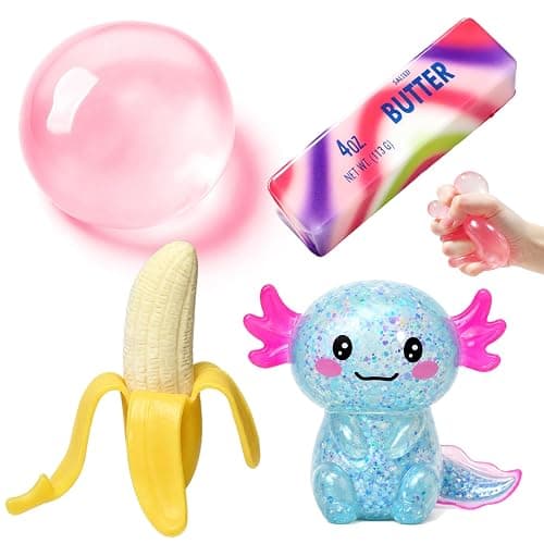 4 Pack Fun Food Squishy Set – Coconut Oil + Axolotl + Banana + Rainbow Butter Squishy, Sensory Stress Relief Fidget Toys, Cute Pocket for Home Office Travel, Calming Anxiety Gifts for Adults. - Image 1