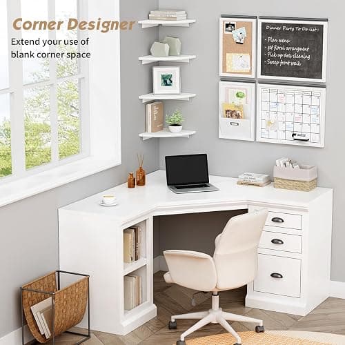 Forbena White Corner Floating Shelves for Wall Set of 4, Rounded Corner Shelves Wall Mounted for Kids Bedroom Books, Cute Wood Hanging Corner Shelf for Bathroom Decor, Living Room, Small Spaces thumbnail 5