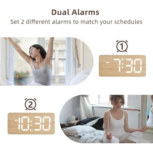 Wooden Digital Alarm Clocks for Bedrooms: Dimmable Dual Alarm Clock with Large Numbers for Bedside Desk - Bamboo thumbnail 5